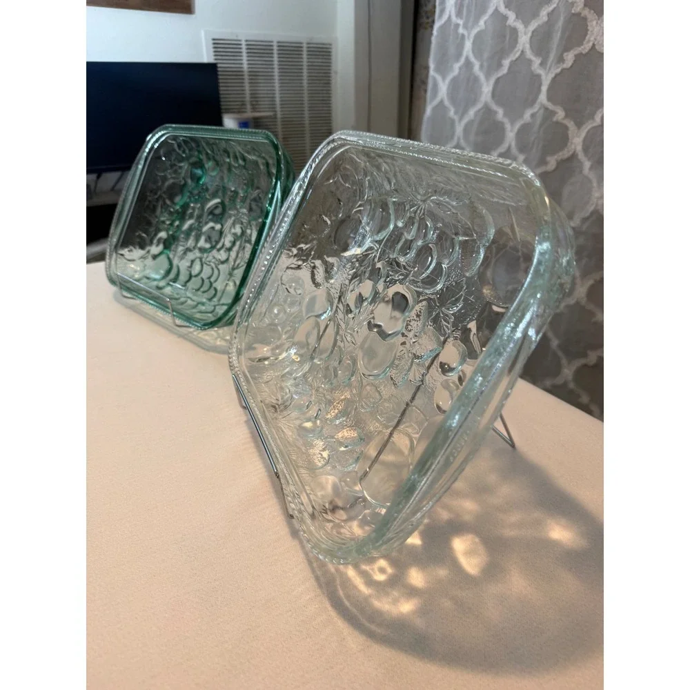 Vintage Libbey Orchard Fruit Baking Dish Set Clear Green Glass Oven Proof 2pc